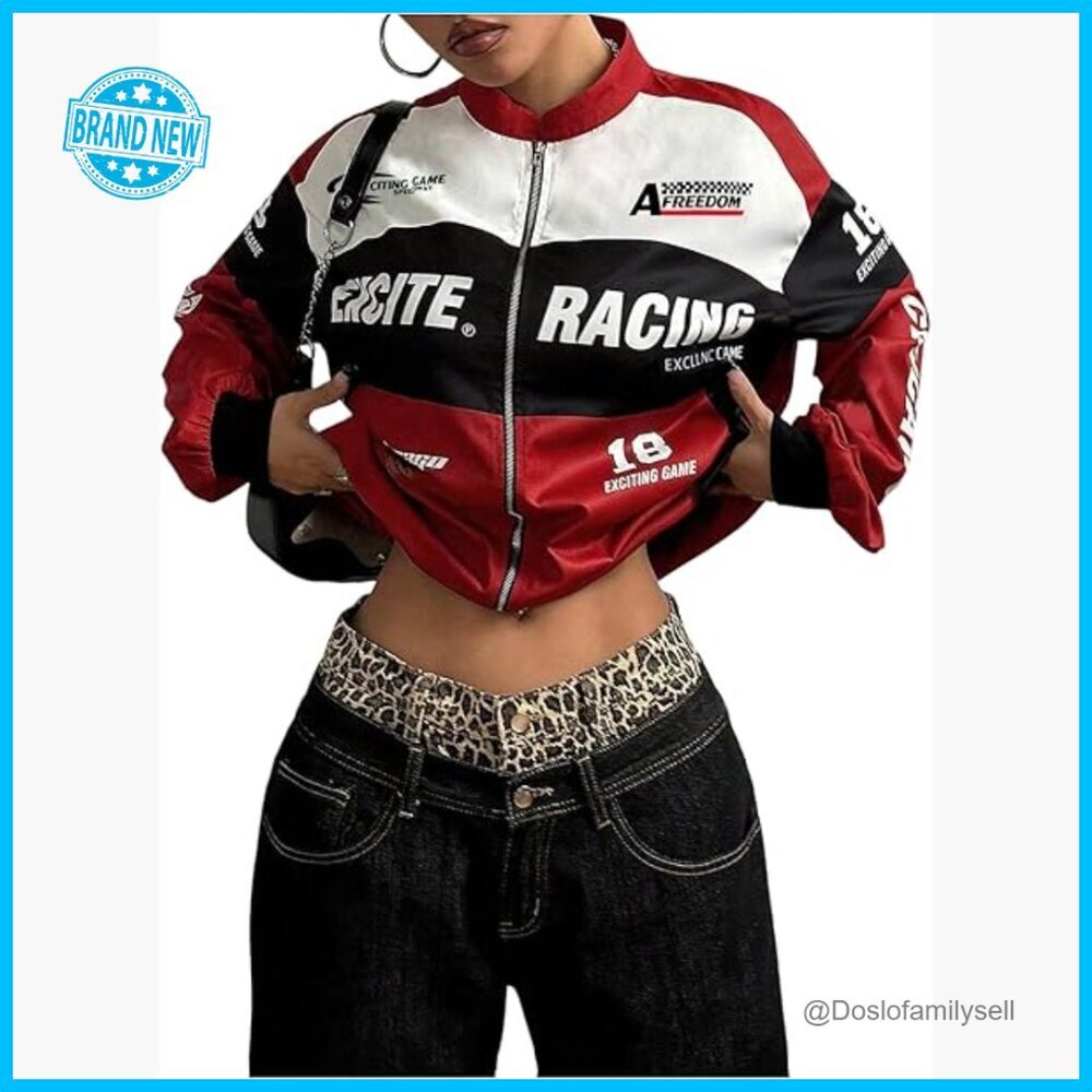 Oversized Racer Car Jacket Y2K Graphic Varsity Zip Up Lightweight Streetwear